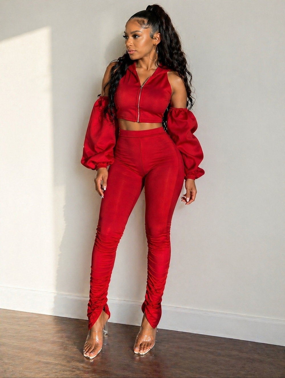 Red 2 Piece Set Ruched Leggings Crop Hoodie Open Back Sexy